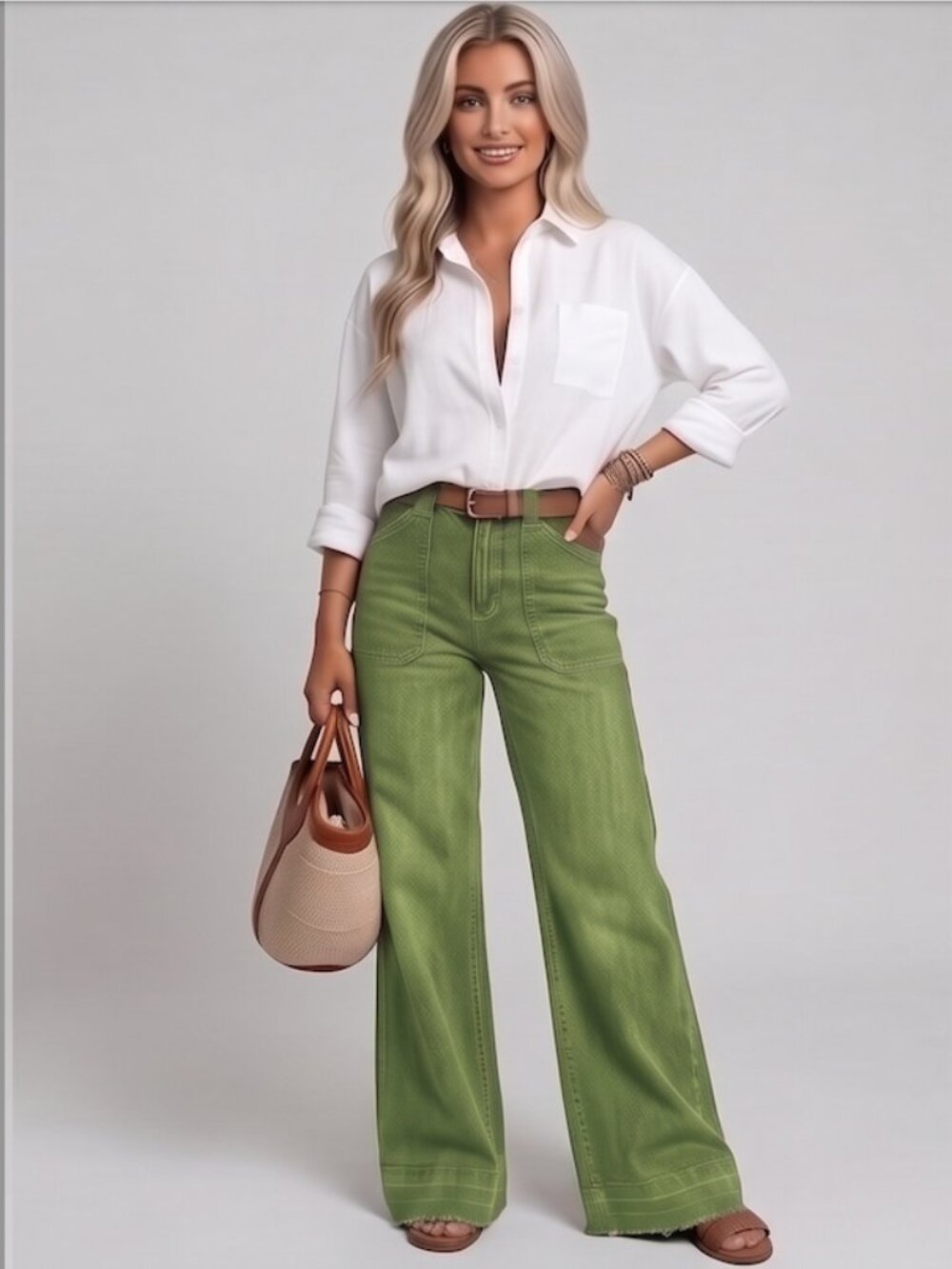 Green High-Waisted Front Patch Pocket Denim Wide Leg Jeans